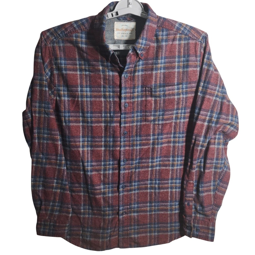 Weatherproof Vintage Plaid‎ Flannel Button Down Shirt Men's Large Red Blue